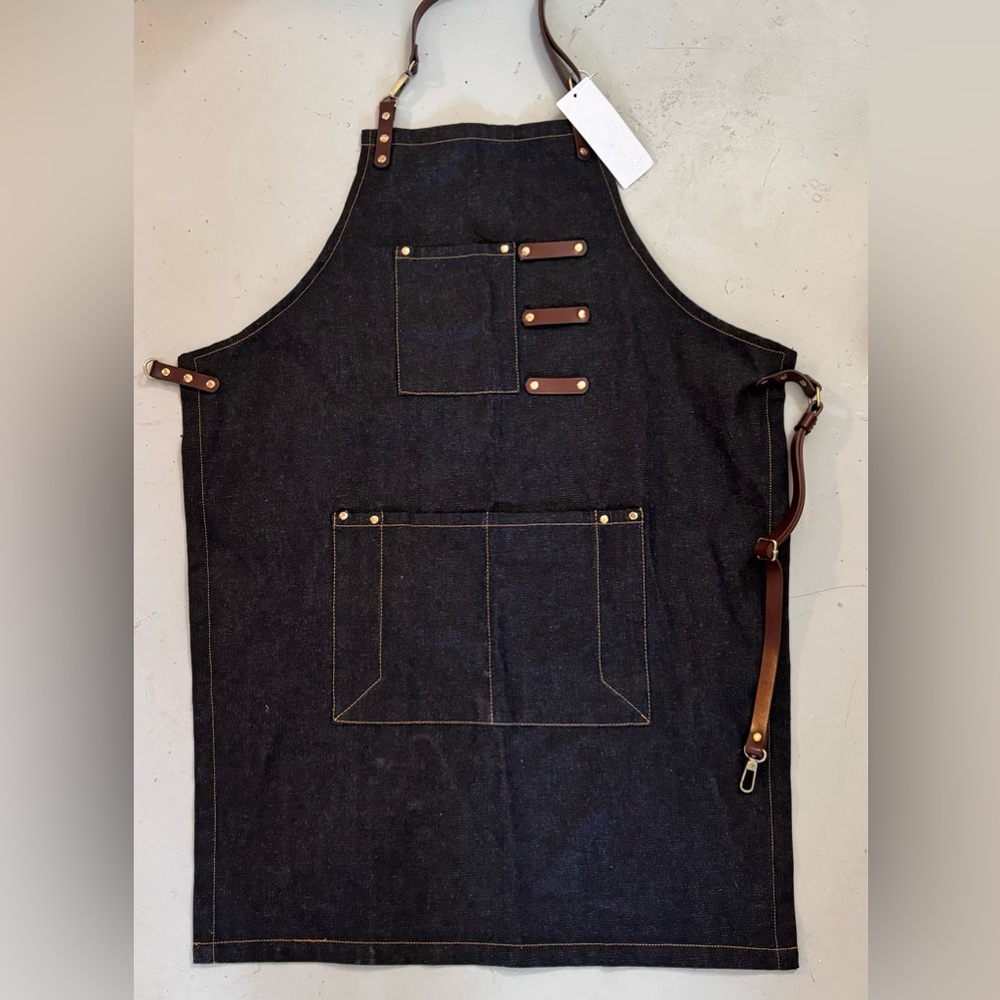 Denim Smock- Detailed stitching leather straps. Unisex